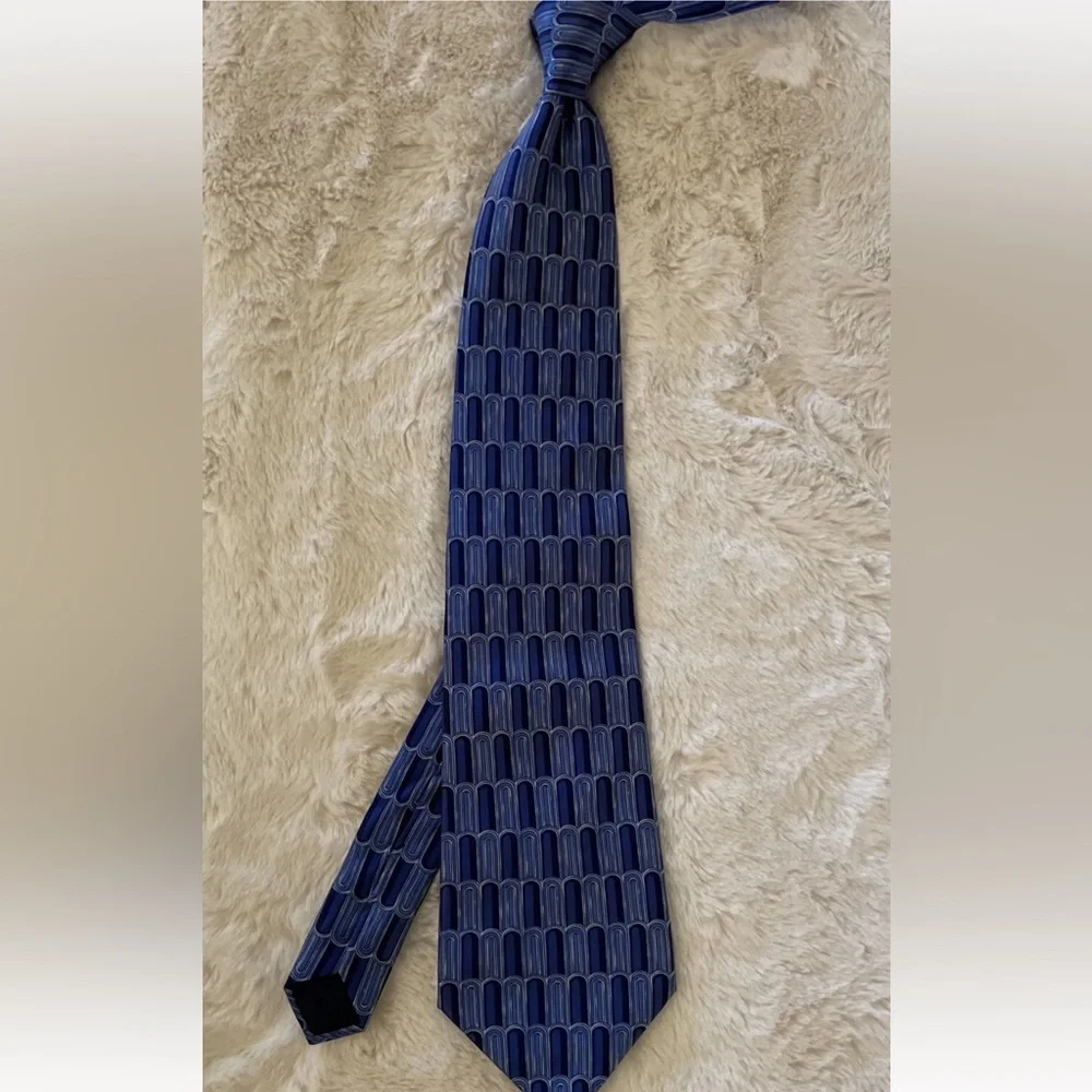 LANVIN PARIS made in France Shingle Print Silk Power Tie‎ In Blue $195